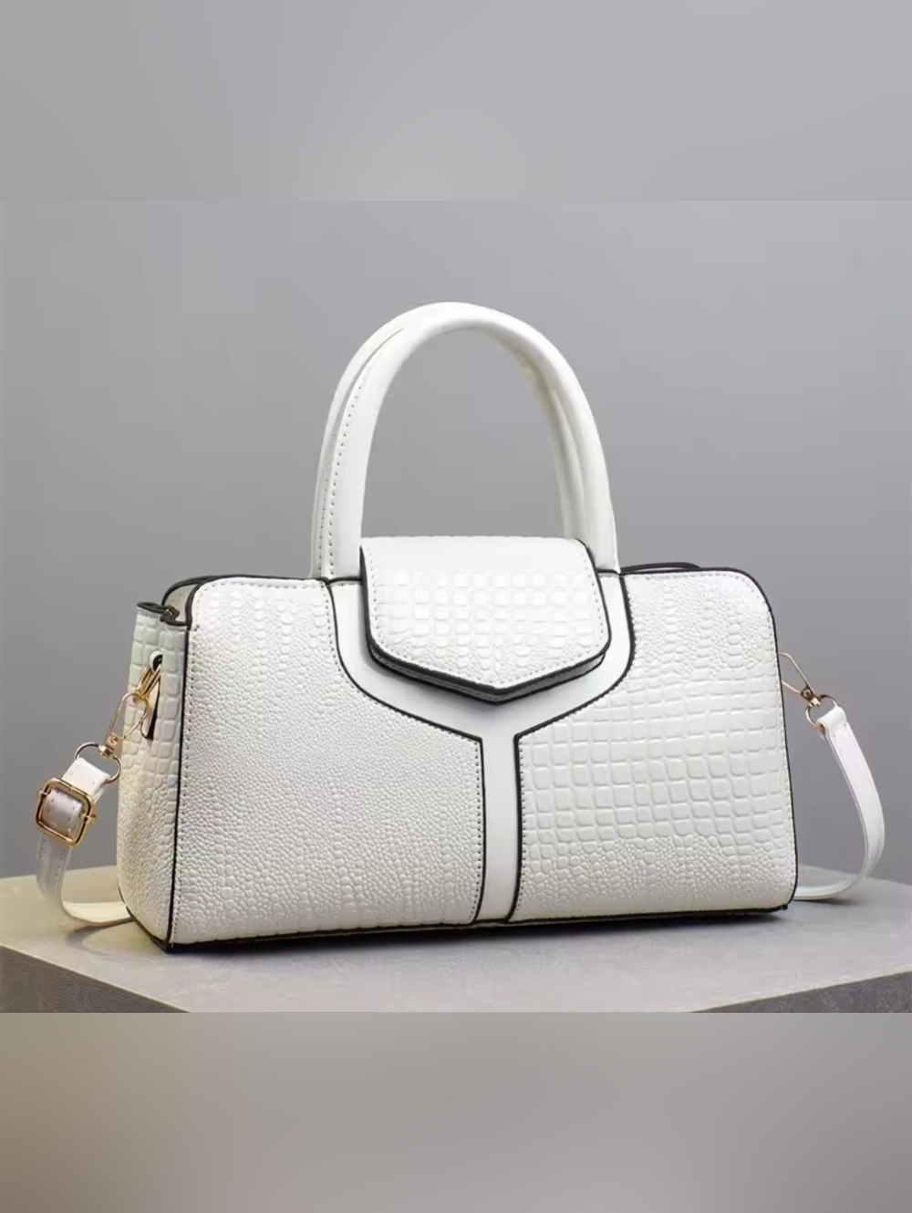 White Croc-Texture Structured Top-Handle Bag